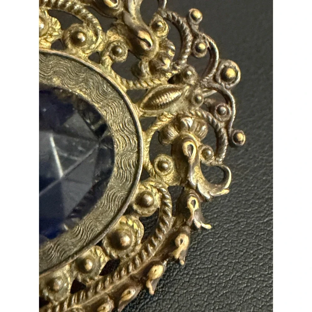 Vintage Rhinestone Sash Pin Brooch Victorian Revival Cobalt Blue